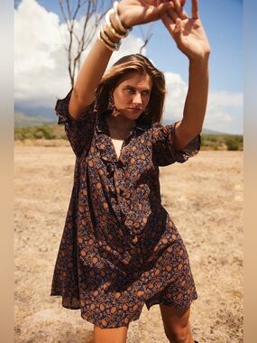 Paneros Chloe Mini fall Dress in Navy Orange Batik sustainable cotton